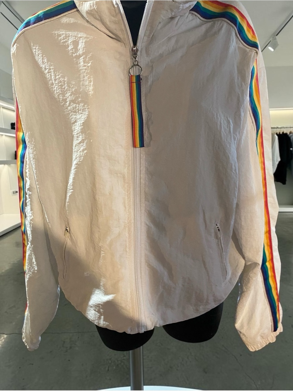 Women's Cream Bomber Jacket with Rainbow Stripe Trim
